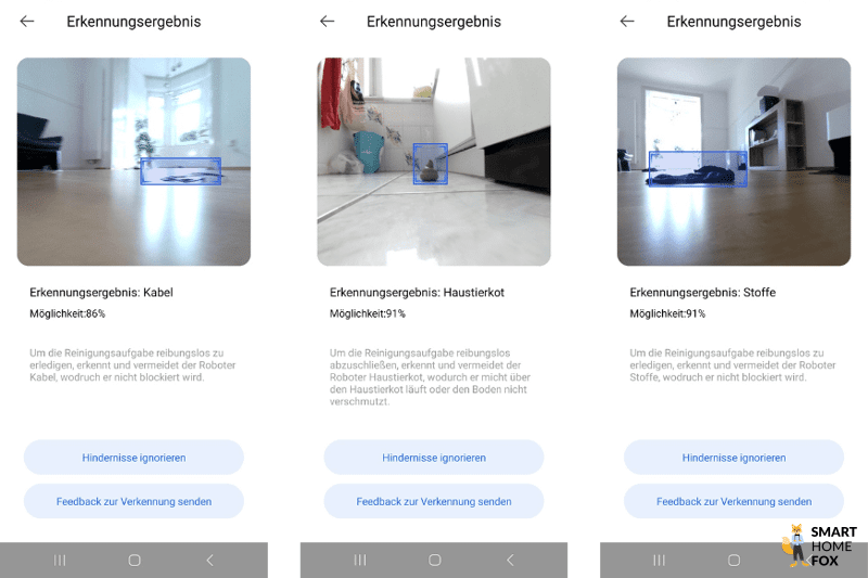 Bilder von Hindernissen sind in der Dreame L20 Ultra App zu sehen.